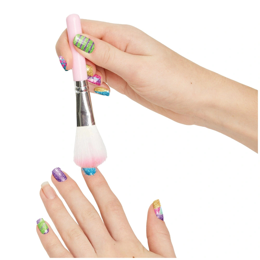 MAKE IT REAL Party Nails glitter nail studio featuring glossy, metallic, rainbow-patterned nail polish on pink brush handle.