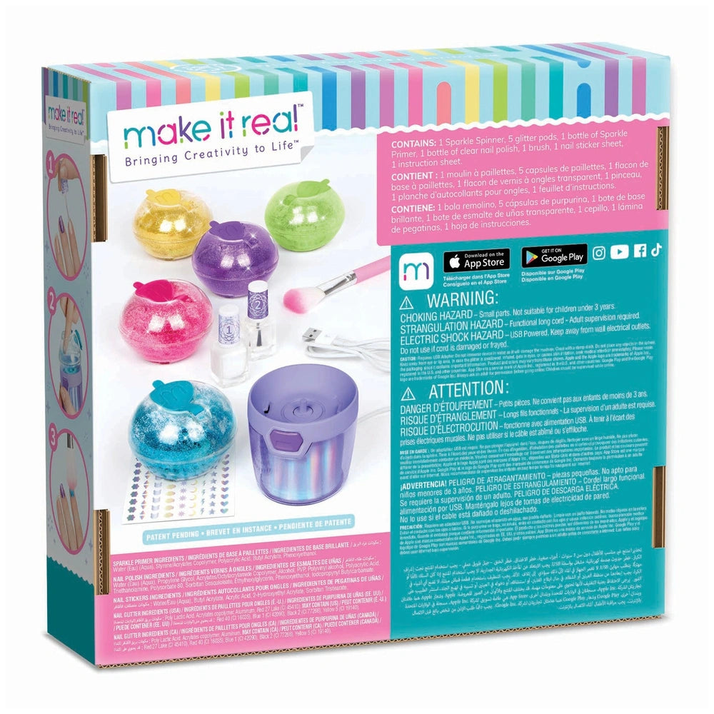 MAKE IT REAL Party Nails Glitter Nail Studio in glossy packaging with purple craft items and warning labels, vibrant gradient