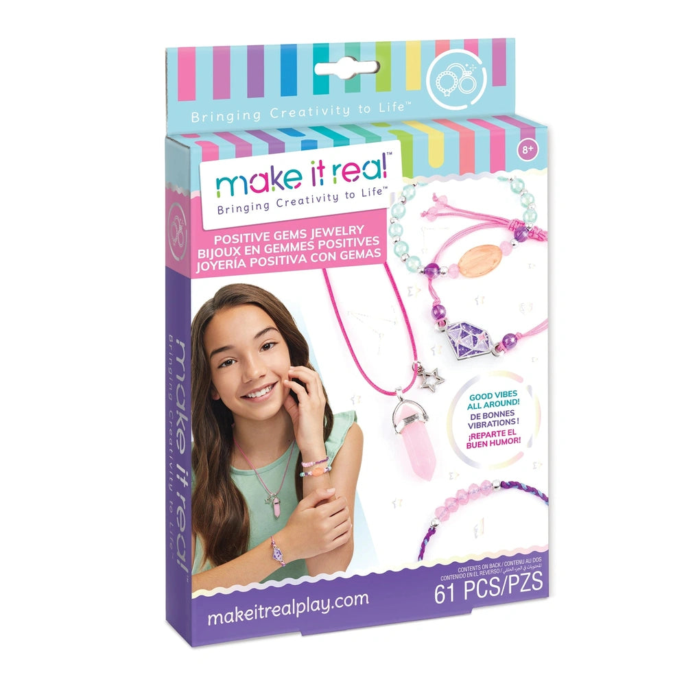 Positive Gems Jewelry packaging features a girl in a green top with brown hair, glossy white background, and creative text.