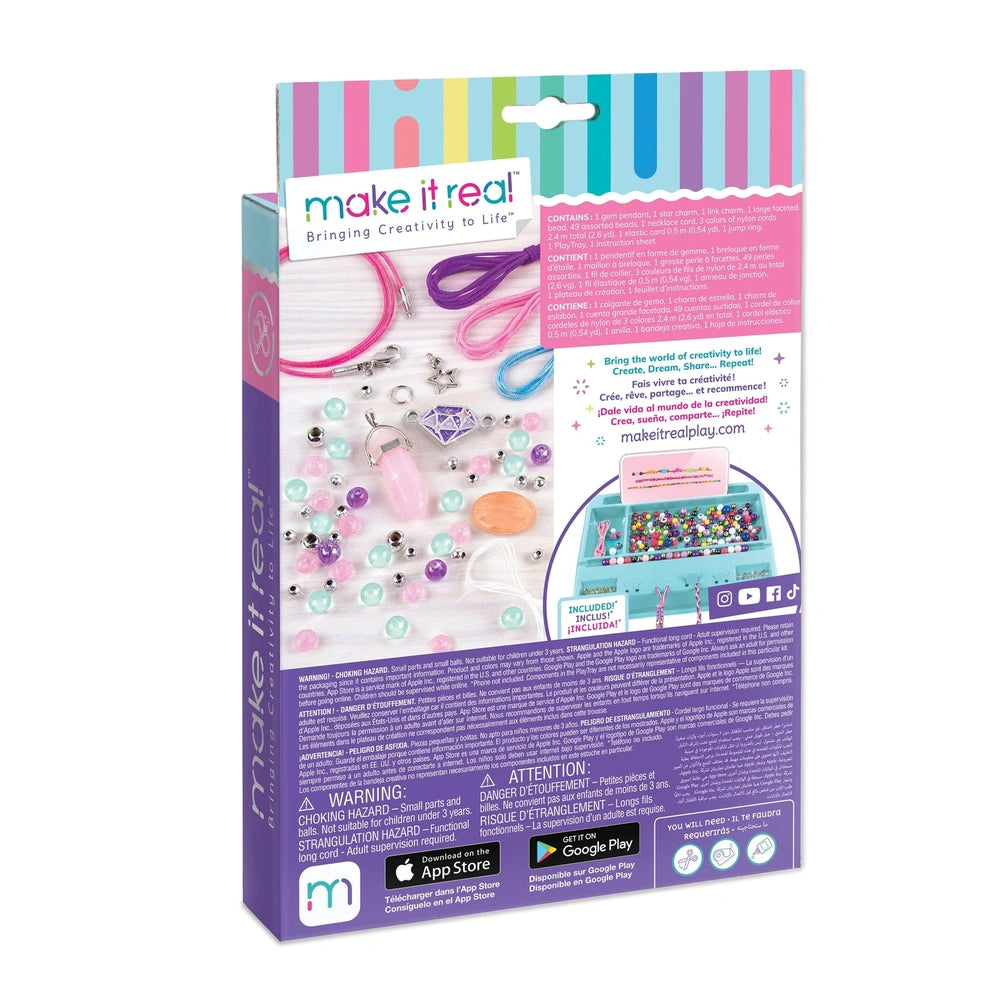 Positive Gems Jewelry craft kit in colorful packaging with matte cardboard, glossy window, and gradient stripes.