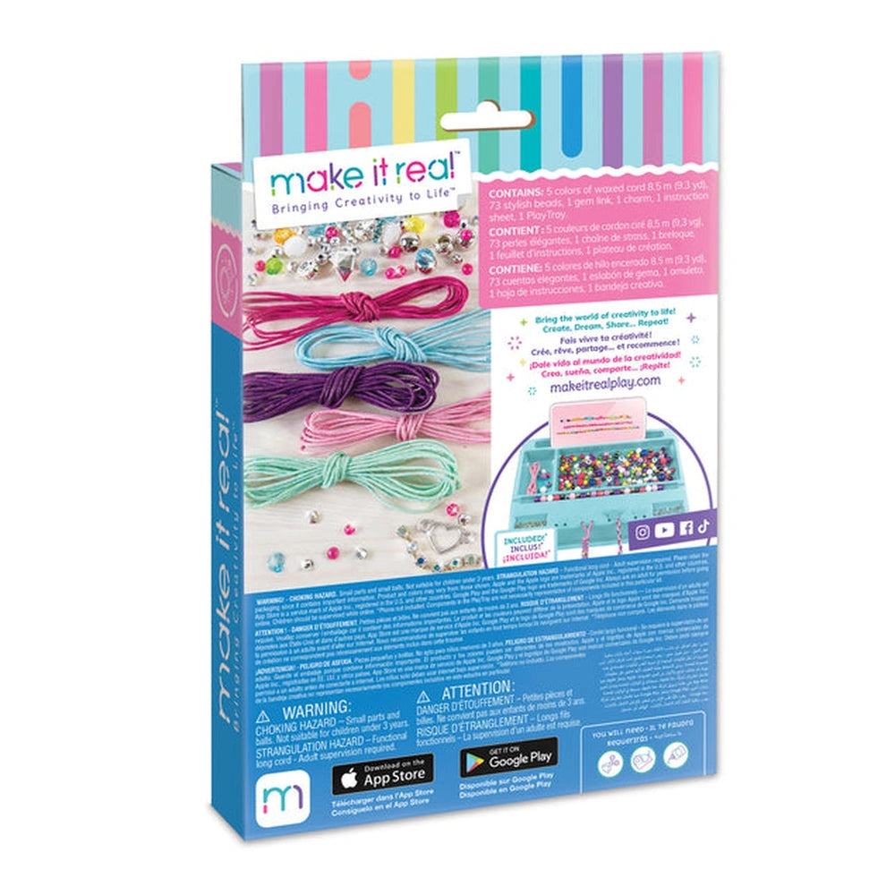 Rainbow Bling Bracelets packaging features glossy blue stripes, white text, and showcases creativity with colorful bracelet m