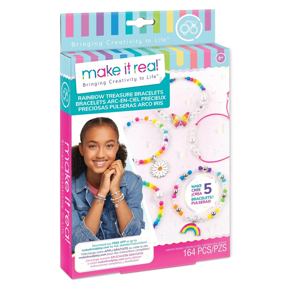 Rainbow Treasure Bracelets packaging featuring a smiling girl with braided hair, colorful stripes, and visible bracelets thro