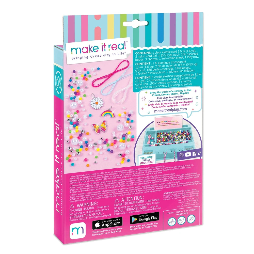 Rainbow Treasure Bracelets packaging features a glossy pink background with colorful beads, a ribbon, and vibrant graphics in