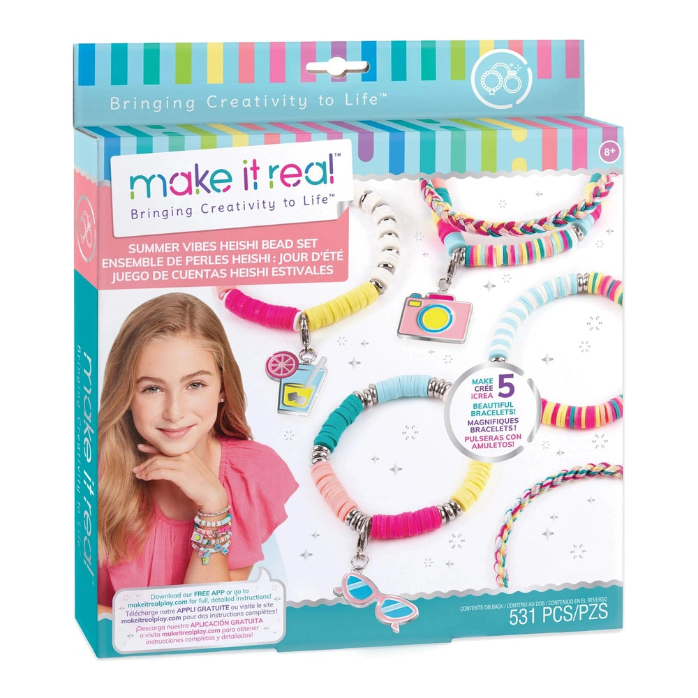 Summer Vibes Heishi Bead Set in colorful matte cardboard packaging with a transparent window, featuring creative slogans and 