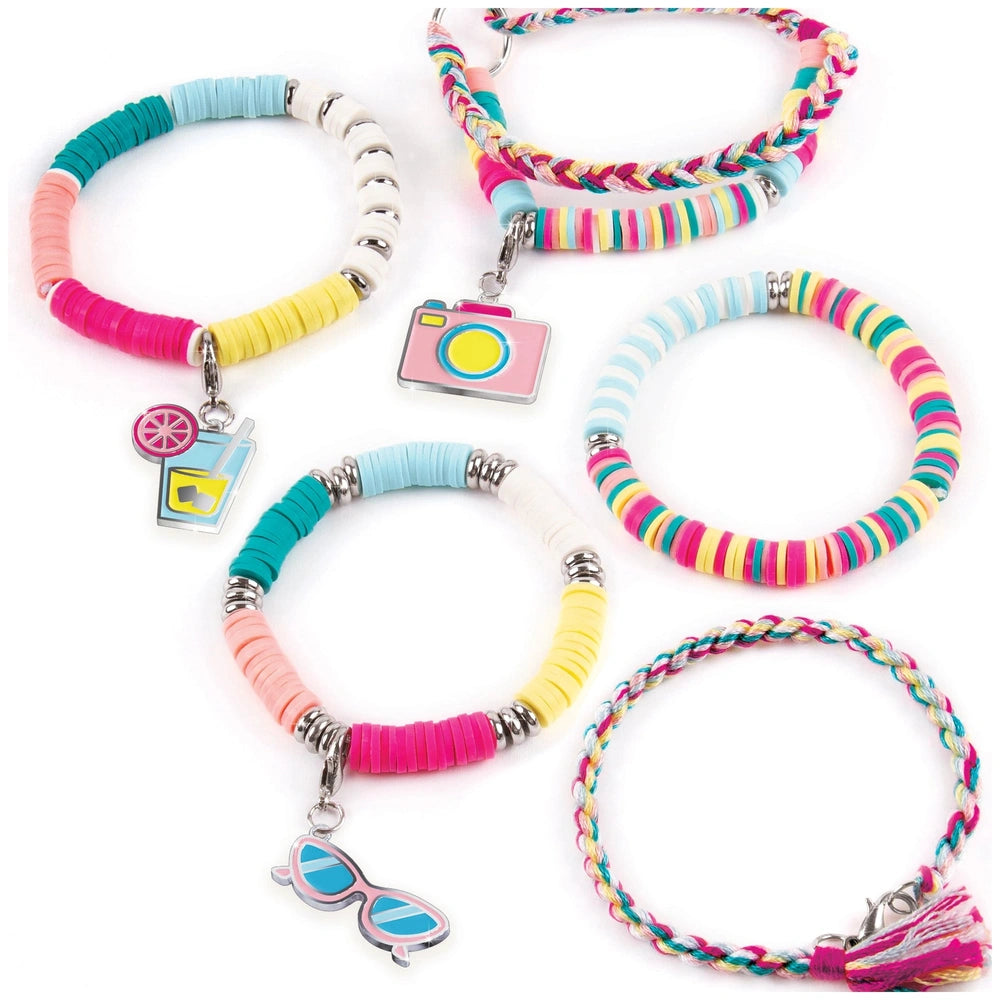 Summer Vibes Heishi Bead Set features three colorful bracelets with glossy beads, silver charms, and pink tassels.