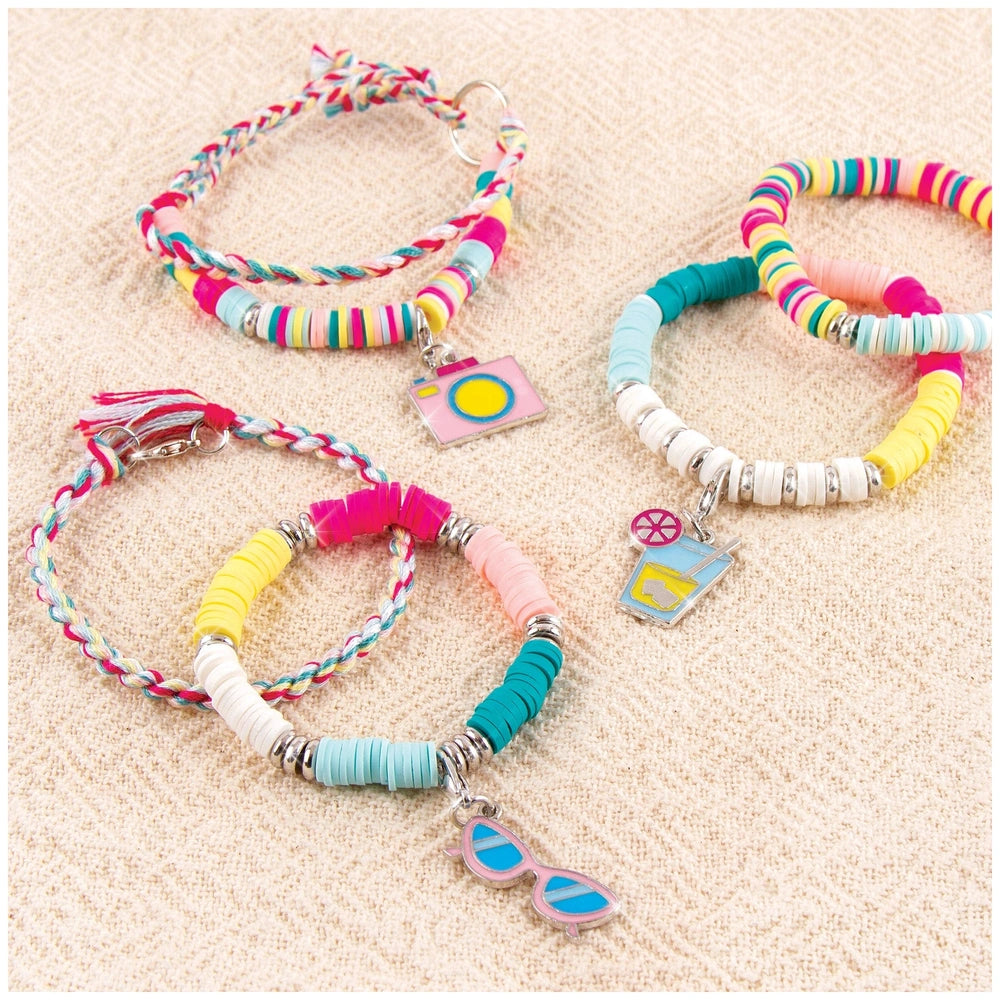 Summer Vibes Heishi Bead Set featuring colorful braided and beaded bracelets and anklets with metal and plastic charms.