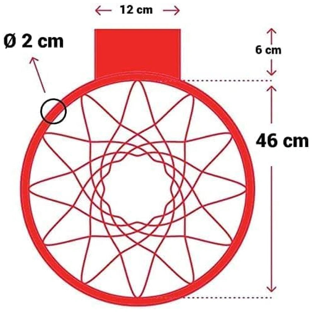 Mandelli basketball hoop features a red plastic body with a white center and 46 cm net, positioned centrally.