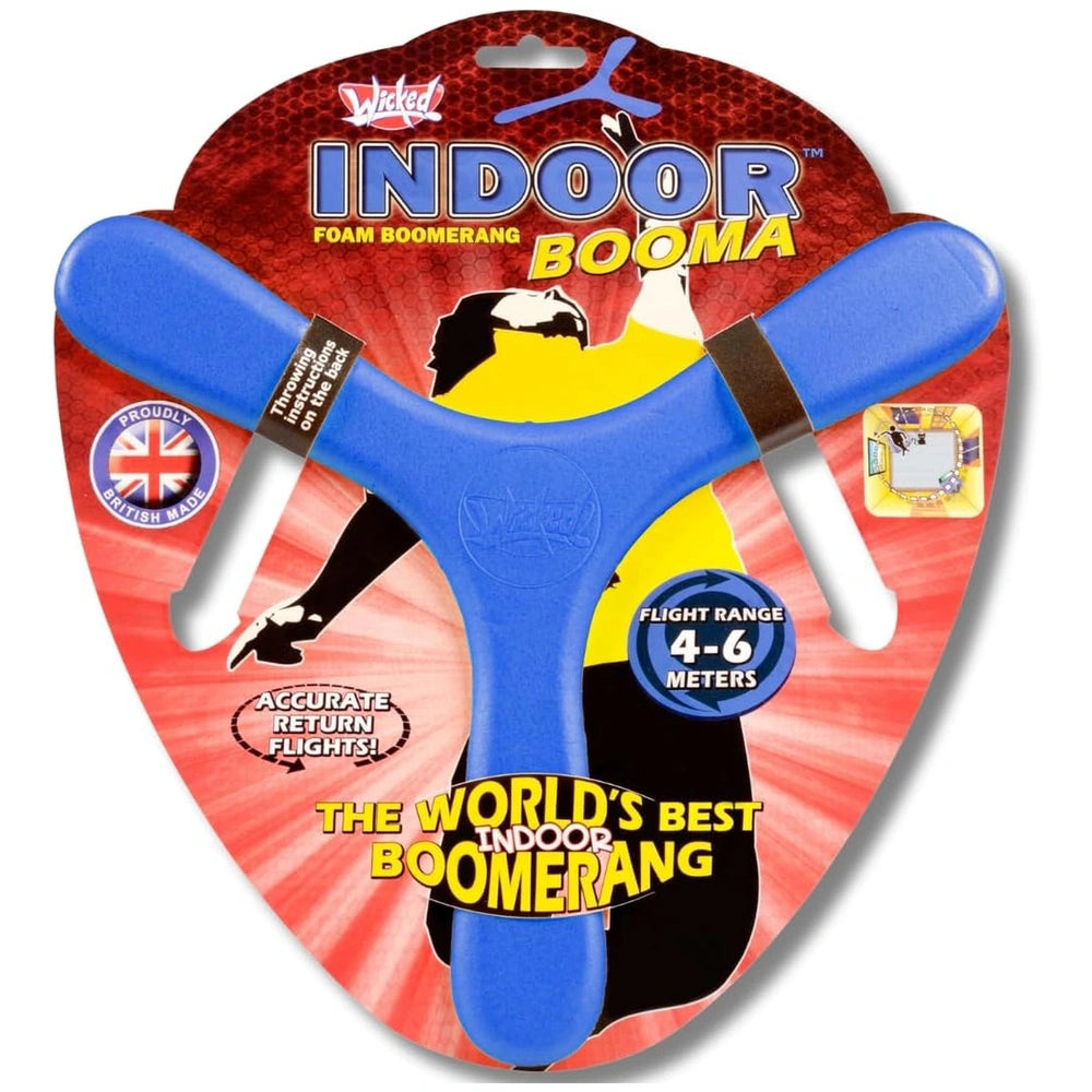 Mandelli Indoor Booma Junior features a blue, yellow, and black foam boomerang in red and white retail packaging.