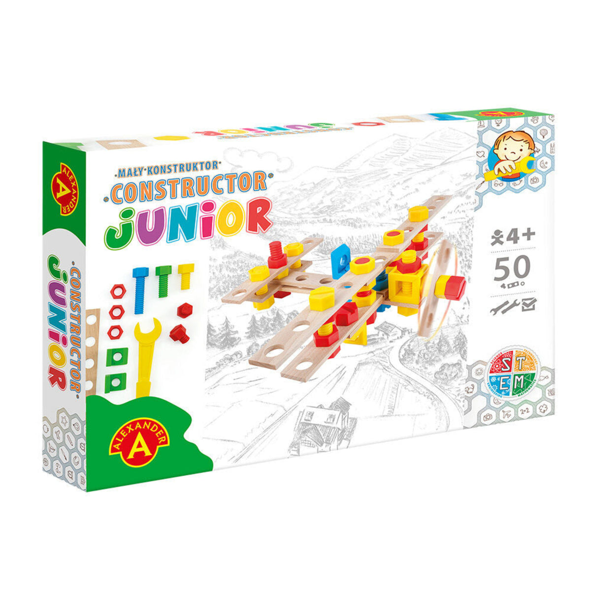 Alexander Constructor Junior Wooden Airplane Set, colorful pieces and tools, designed for ages 4 and up, in box.