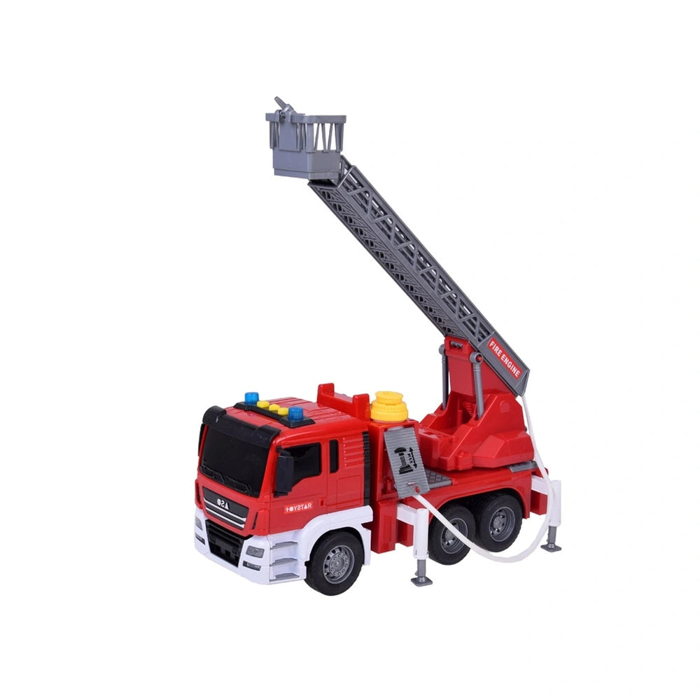 Red and white toy fire engine truck with a crane attachment, positioned upright against a plain white background.