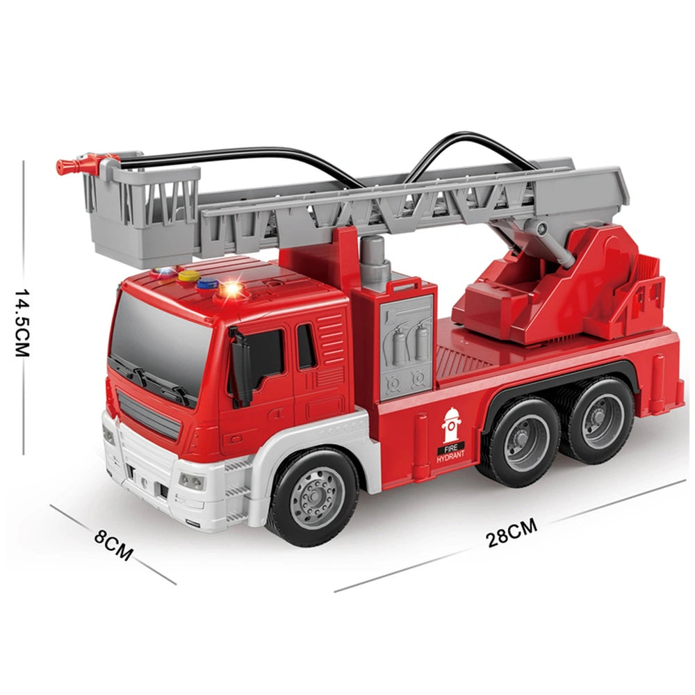 Red and white toy fire engine crane with extended boom and raised bucket, set against a light background.