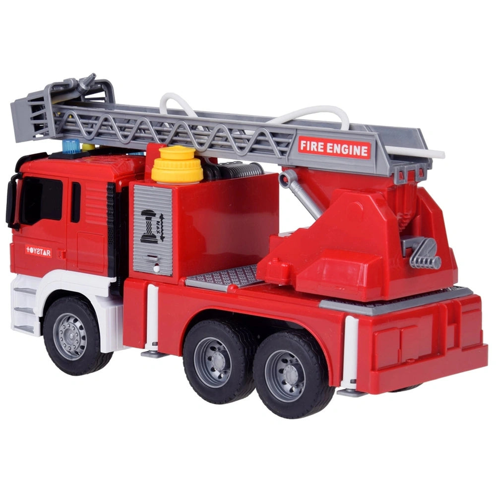 Red toy fire engine with a white ladder, black wheels, and a "FIRE ENGINE" sign on the side.