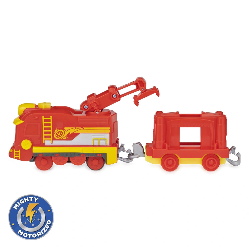 Mighty Express Motorized Train in red with yellow accents alongside a red and yellow toy truck on a white background.