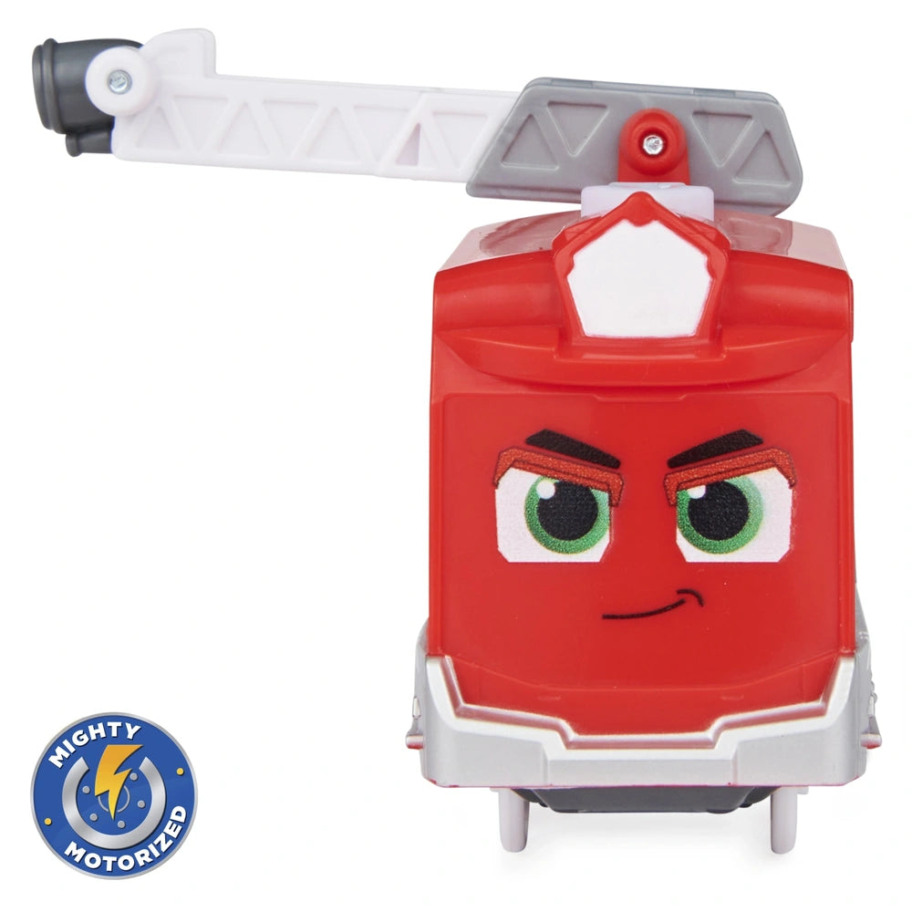 Mighty Express Motorized Train features a red body with a white and gray nozzle, showcasing a glossy and matte finish.