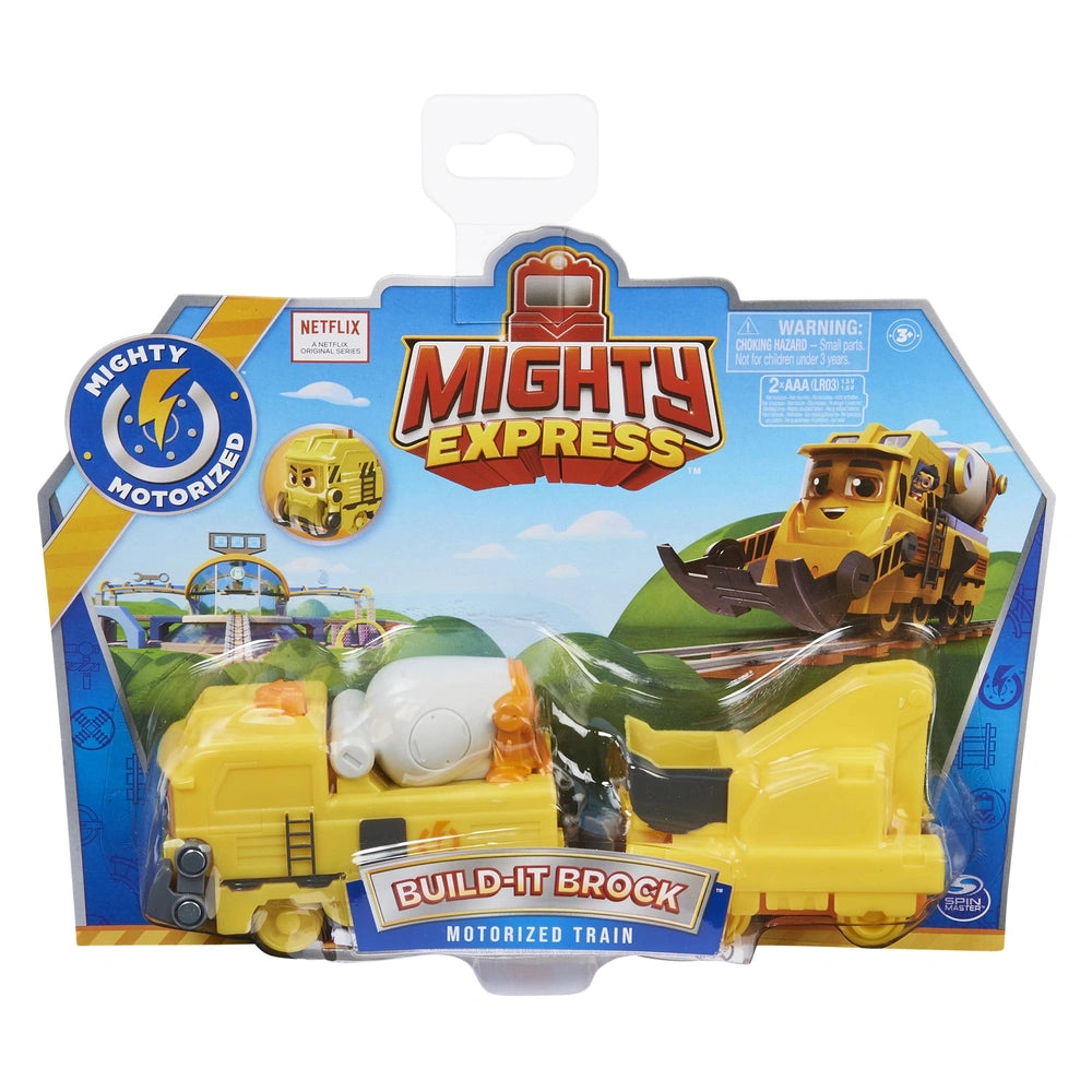 Mighty Express Motorized Train set in yellow packaging resembling a train car, featuring bold graphics and a clear window dis