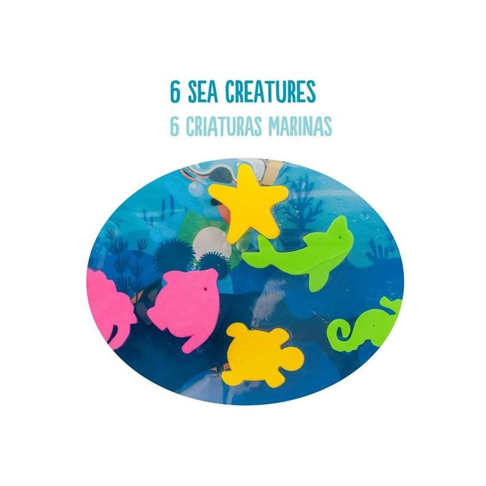 Molto Playsense inflatable play mat features six colorful starfish on a blue background with printed text "6 SEA CREATURES".