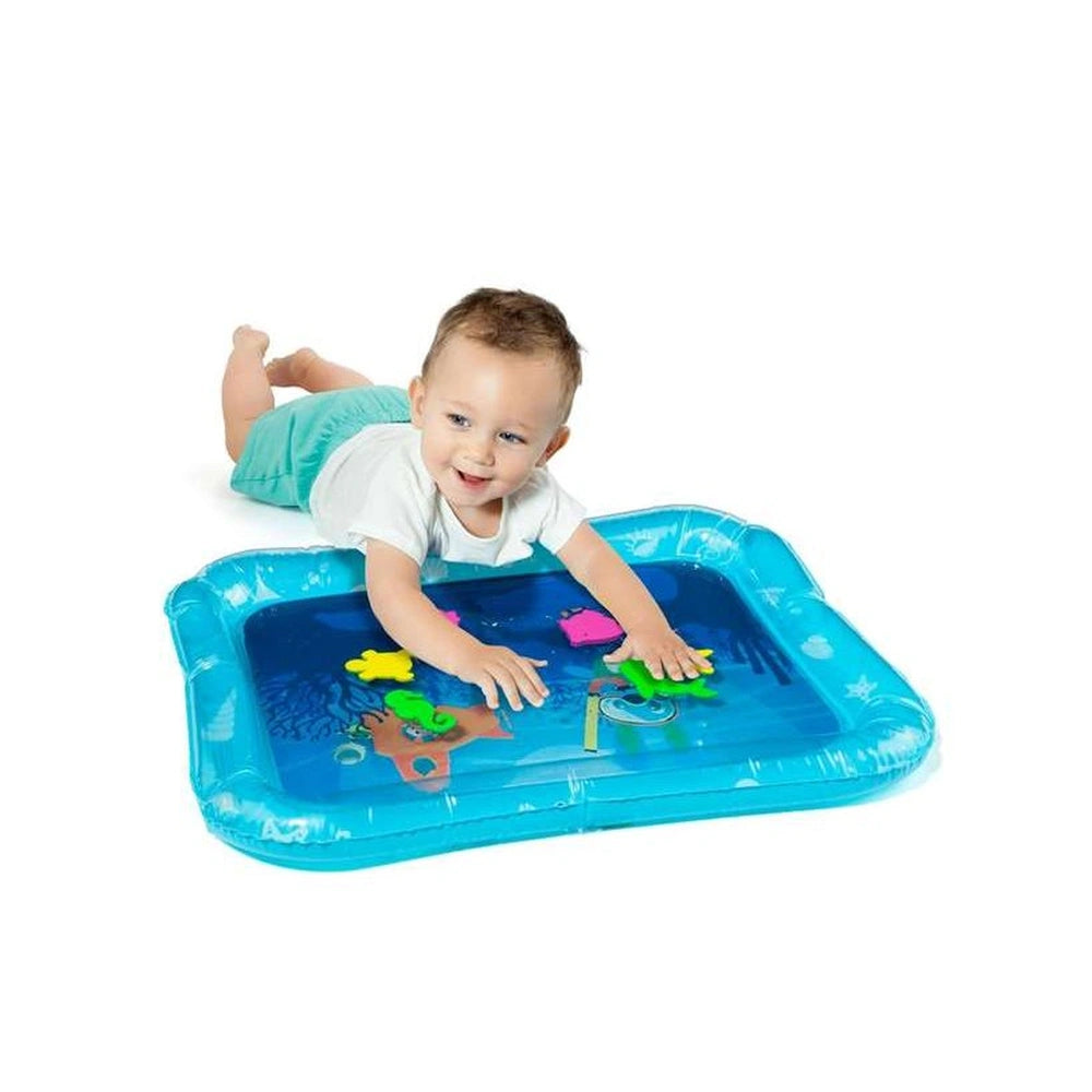 Molto Playsense inflatable play mat with a smiling baby in a white shirt and blue shorts playing in water.