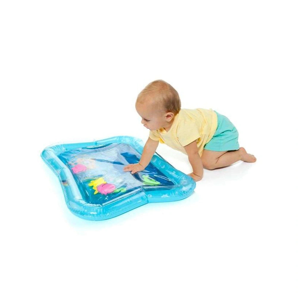 Molto Playsense inflatable play mat features a baby in a yellow shirt and blue shorts with a blue baby pool in the background