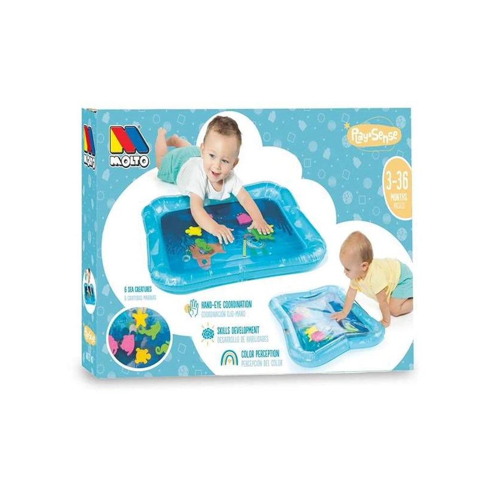 Molto Playsense inflatable play mat packaging featuring a child playing, glossy cardboard with blue background and white text