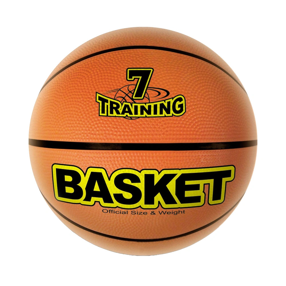 Mondo Basketball Training Size 7 features a textured orange ball with a black stripe and glossy printed text reading "7 TRAIN