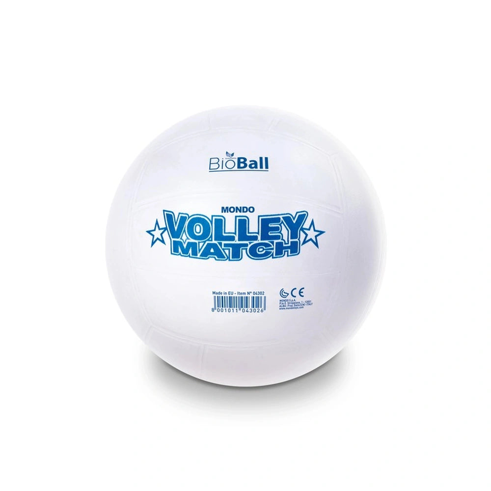 Mondo Beach Volleyball Match, white ball with blue "VOLLEY MATCH" text and barcode, marked "Made in EU" and "CE".