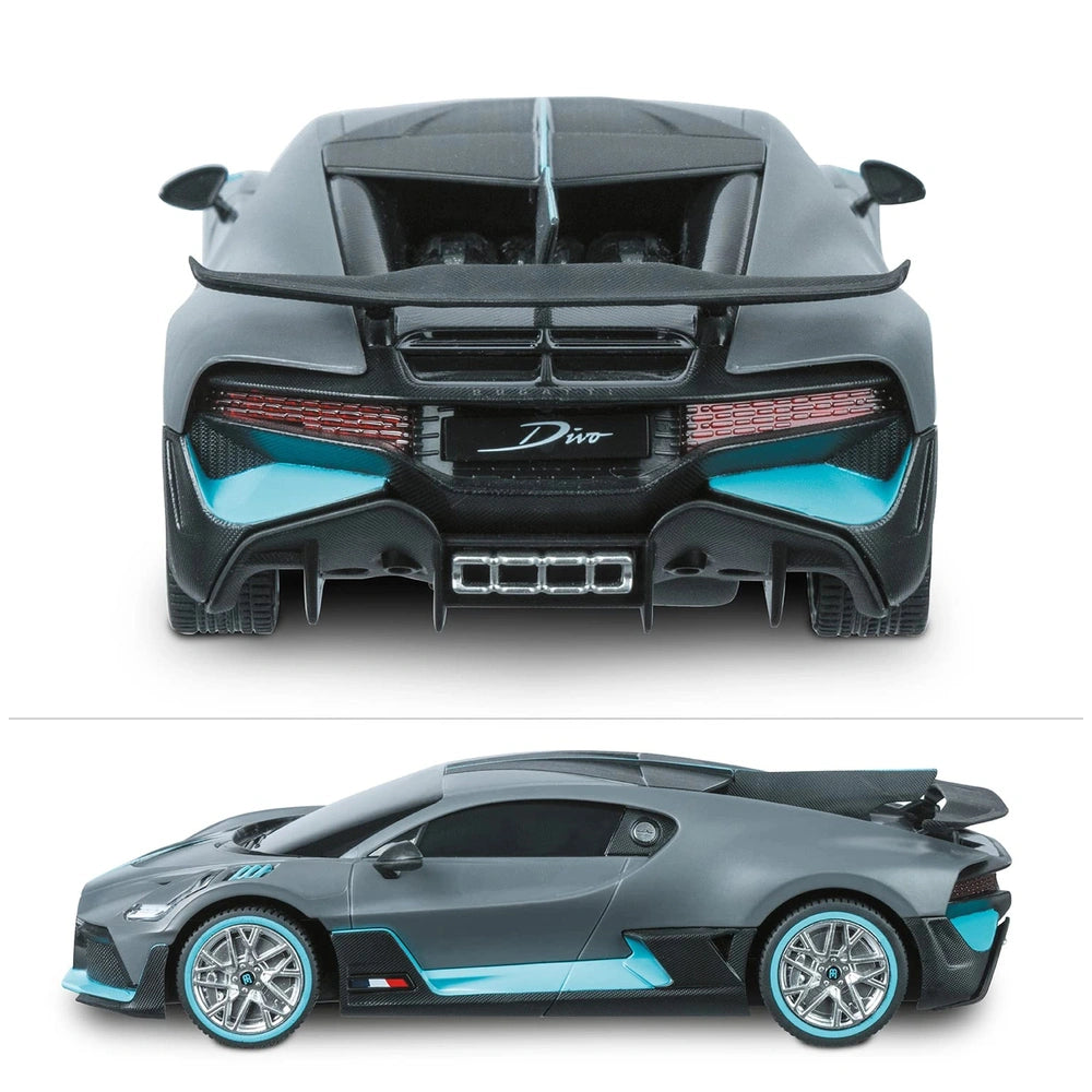 Mondo Bugatti DIVO radio-controlled car features a glossy plastic body, metallic wheels, and tinted windows in a detailed fro