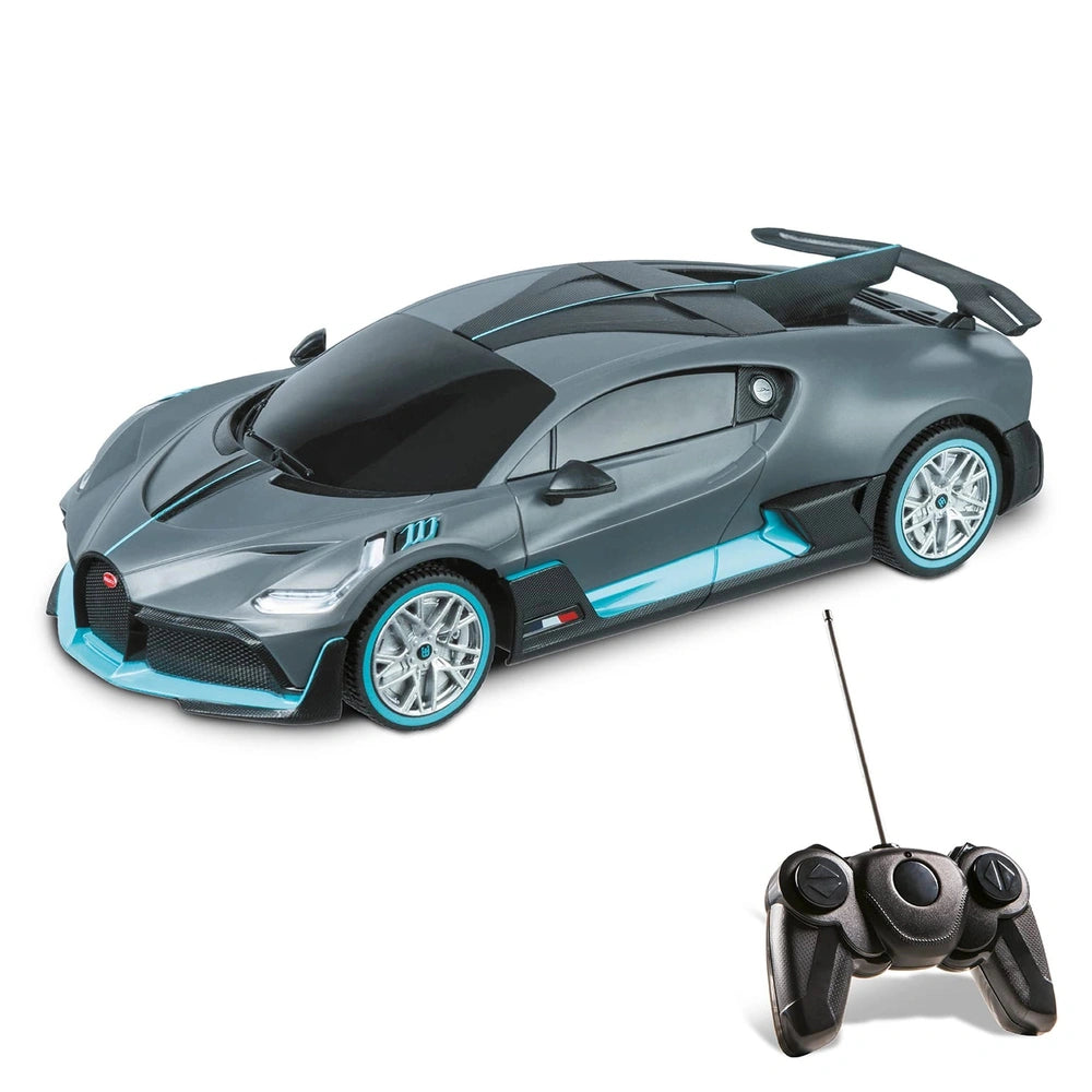 Mondo Bugatti DIVO radio-controlled car in gray with blue accents, featuring sleek design, large windshield, and five-spoke w