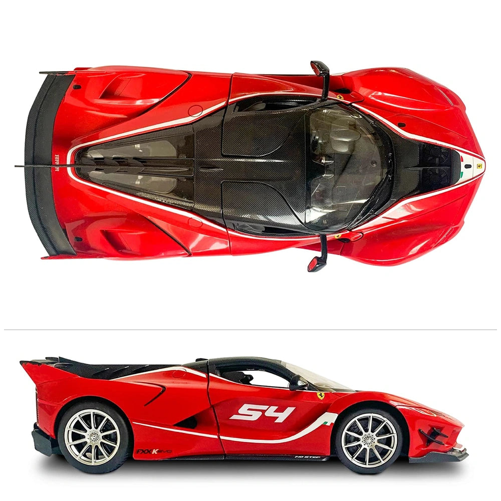 Mondo Ferrari FXX K EVO RC car features a glossy red body, black matte interior, transparent windows, and shiny silver wheels