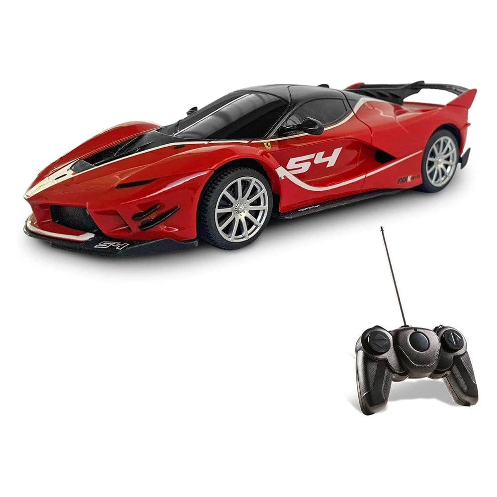 Ferrari FXX K EVO radio-controlled car in red with black roof, featuring glossy body, transparent window, and "54" on the sid