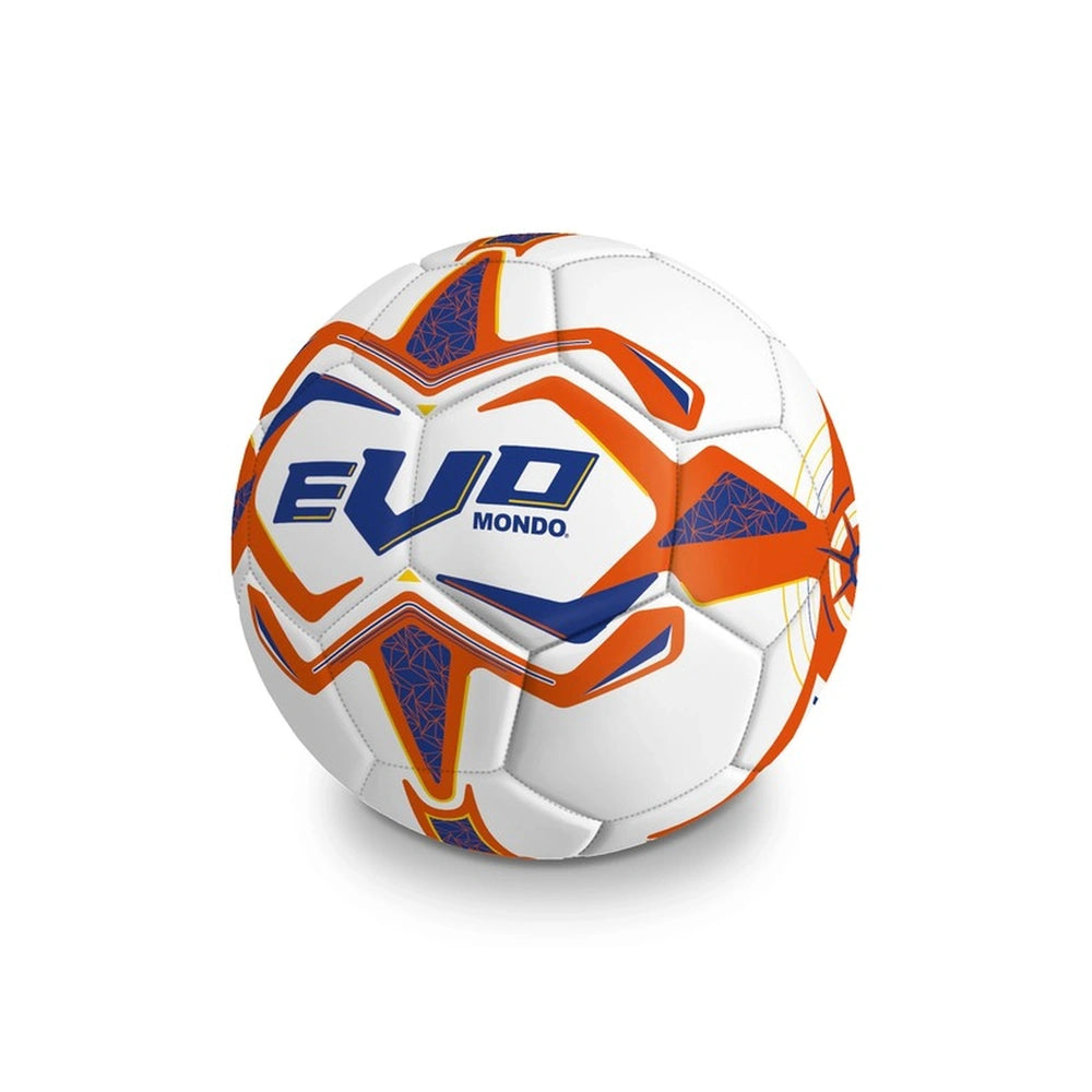 Mondo EVO action football features a textured synthetic surface in orange, white, and blue with "EVO MONDO" printed on it.