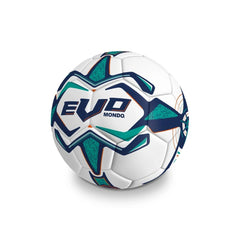 Mondo football features a matte white surface with green and blue accents, 32-panel design, and glossy black and blue logos.