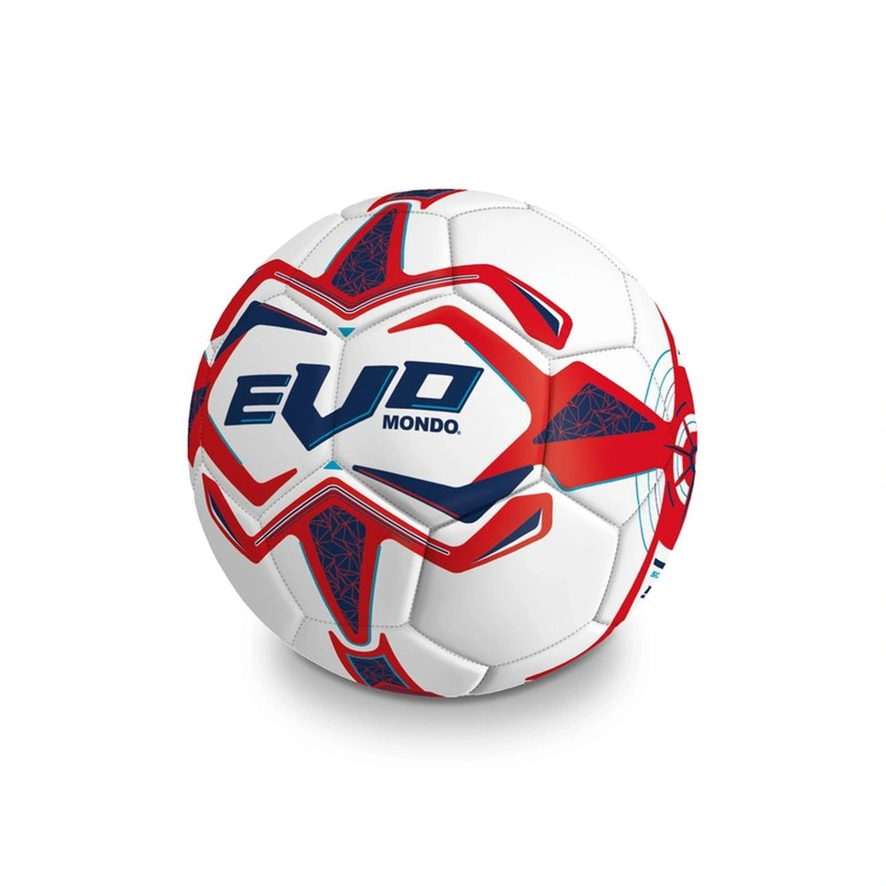 Mondo football features a smooth, matte white surface with red and blue geometric accents, presented in a centered front view