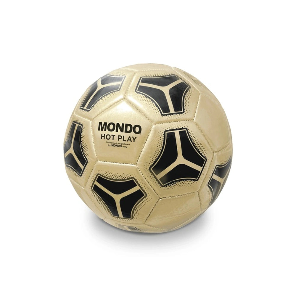 Mondo football with a shiny gold surface, black and white pattern, and "MONDO HOT PLAY" text, centered in the image.