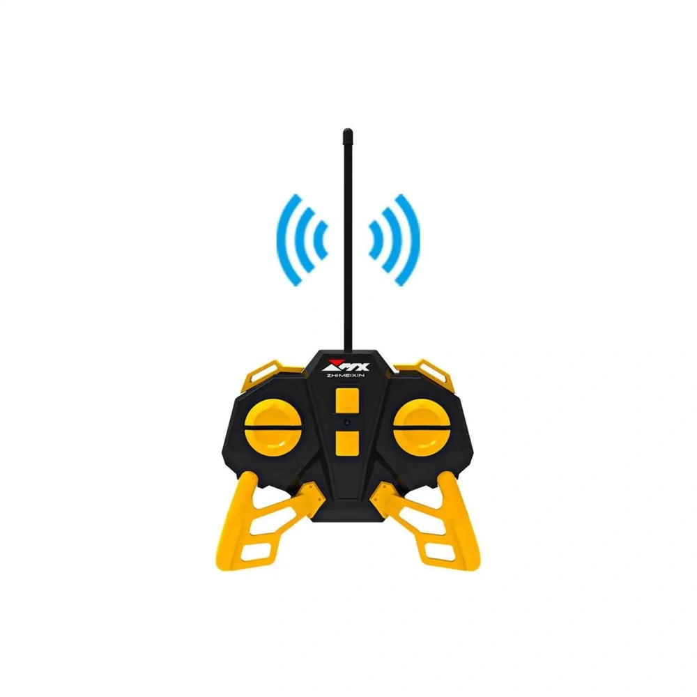 RC-MX Bulldozer toy in front view, featuring blue and yellow elements, antenna, and a black rectangular base.
