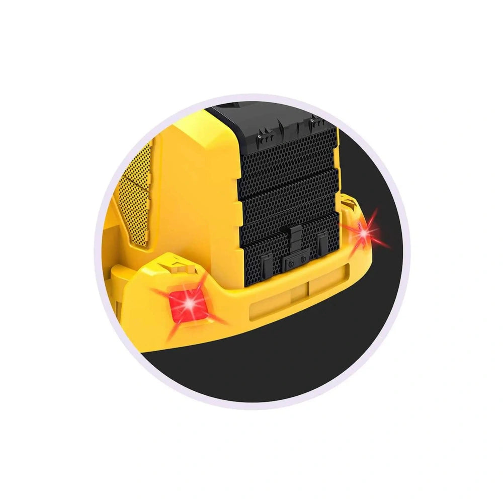 Mondo Motors RC-MX Bulldozer in yellow with matte finish, featuring black top and two red lights on the bottom.