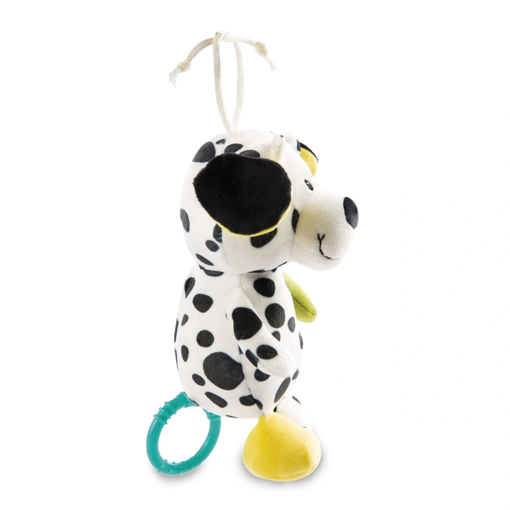 Dalmatian musical box stuffed animal with black and white spots, yellow feet, and a green ring for baby activity.