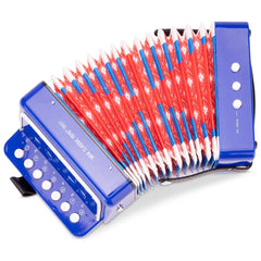 Blue and white plastic accordion with red and white pins, showcasing a colorful design for musical play.