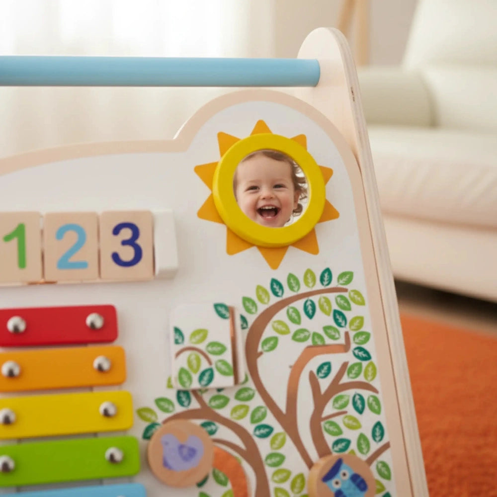 New Classic Toys Activity Walker features a colorful wooden design with numbers, a smiling child’s face, and playful sun cuto