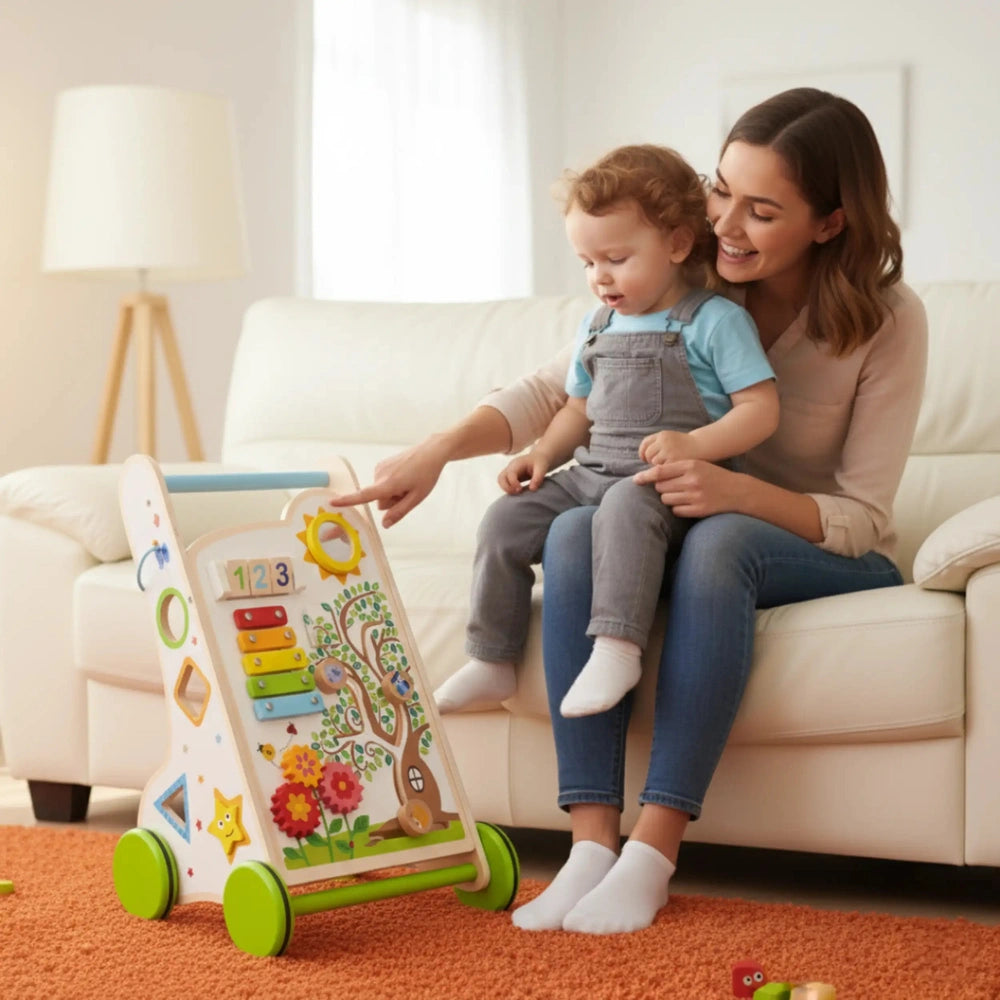 New Classic Toys Activity Walker with a woman and child on an orange carpet near a white couch and window with curtains.