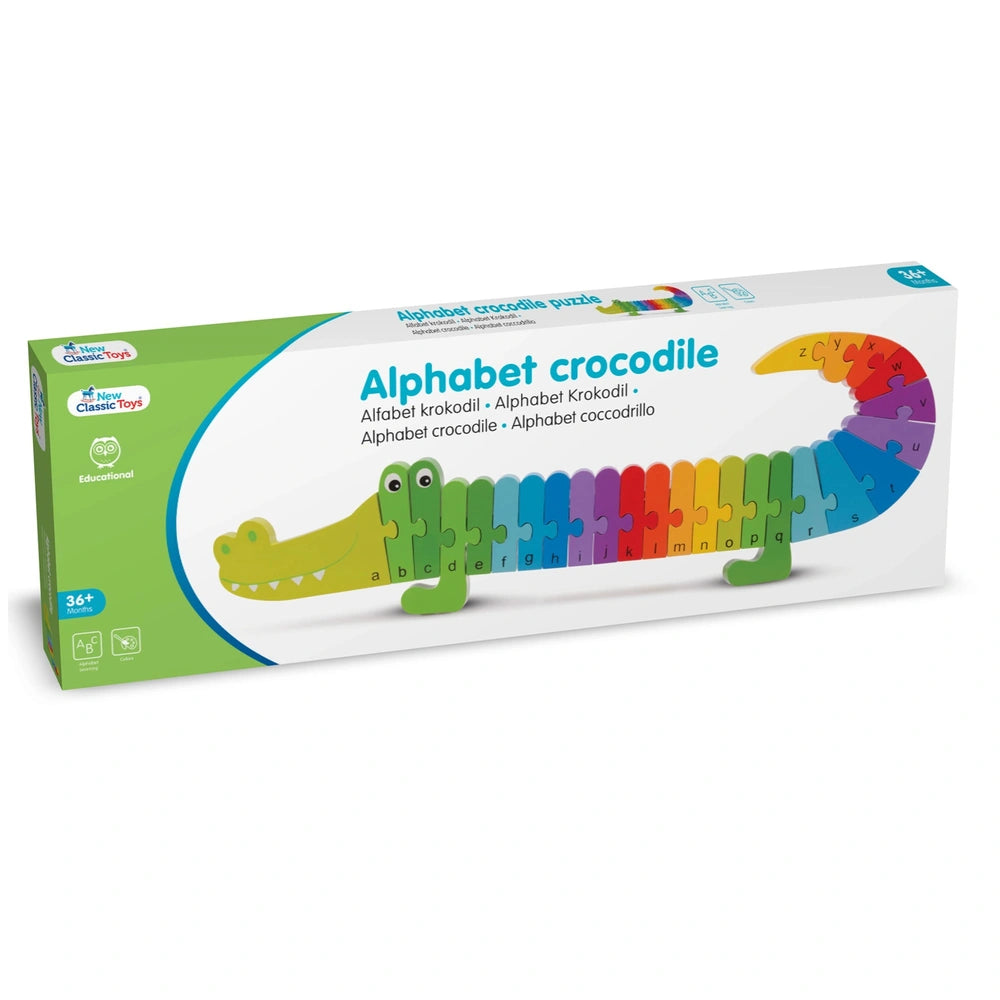 the packaging highlights the educational aspect of the crocodile-themed alphabet puzzle with vibrant colors and a glossy wind