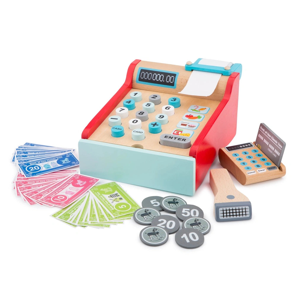 Red wooden toy cash register with blue and white buttons, paper money, and metal coins featuring numbers and symbols.