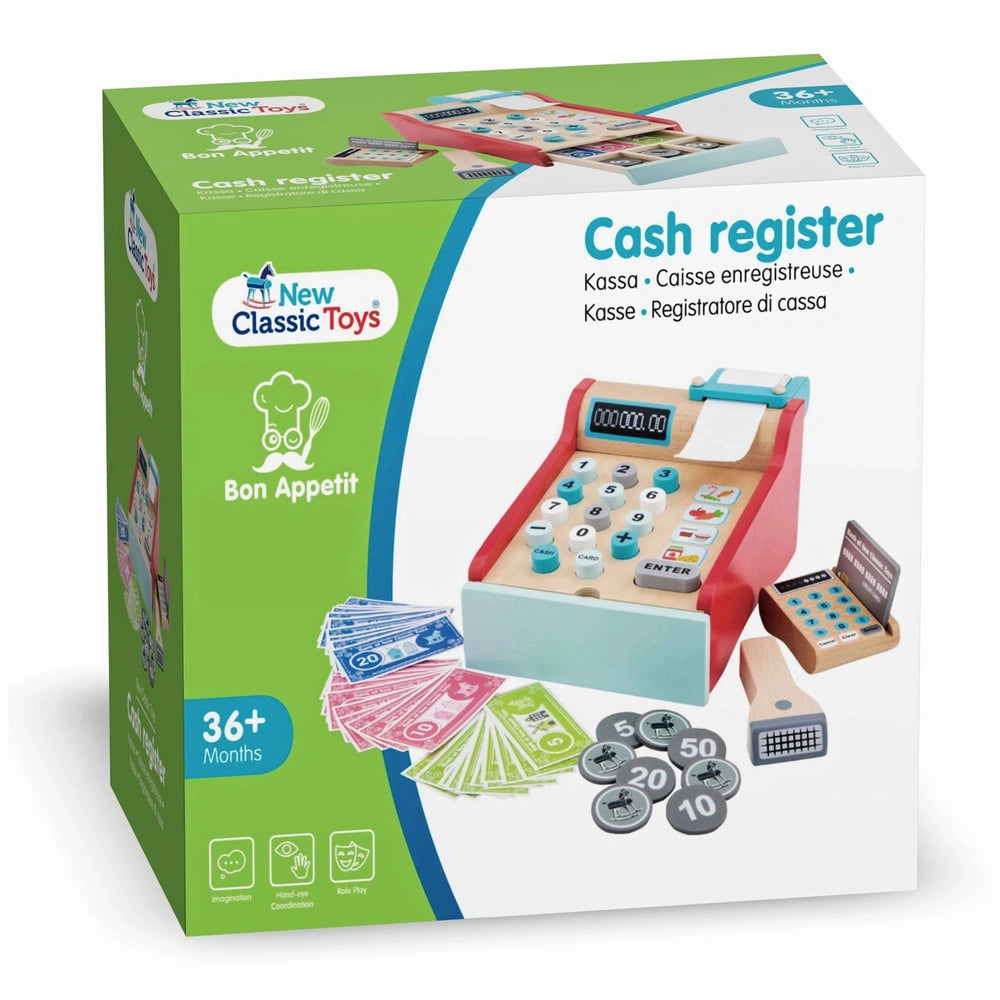 Red cash register toy in glossy cardboard packaging with colorful printed text and a transparent plastic window.