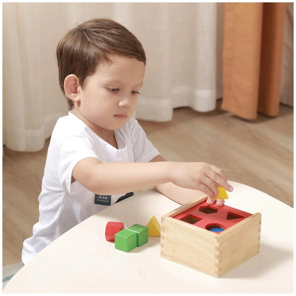 Colorful shape sorter toy made of wood and plastic on a wooden table, with a child engaged in play.