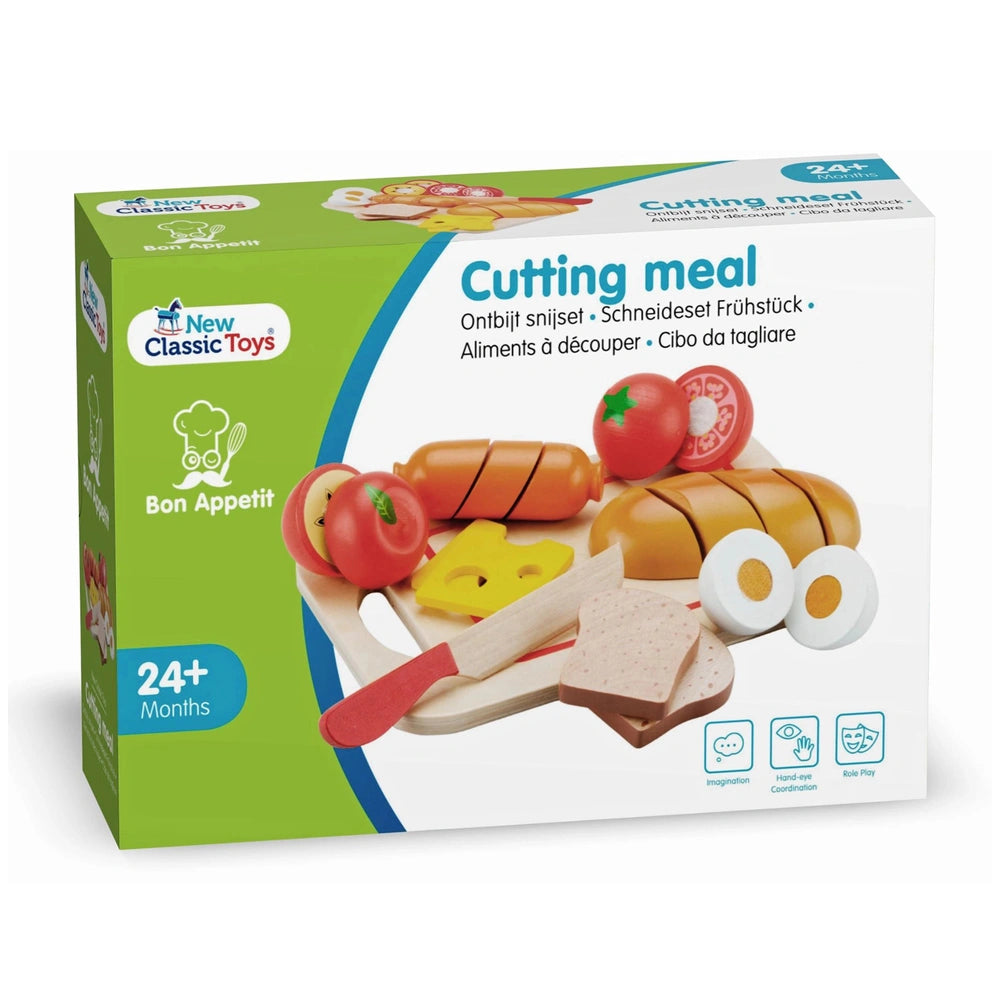 New Classic Toys Cuttingset features a colorful pretend meal set with toy knife, tomato, egg, and various bread and cheese sl