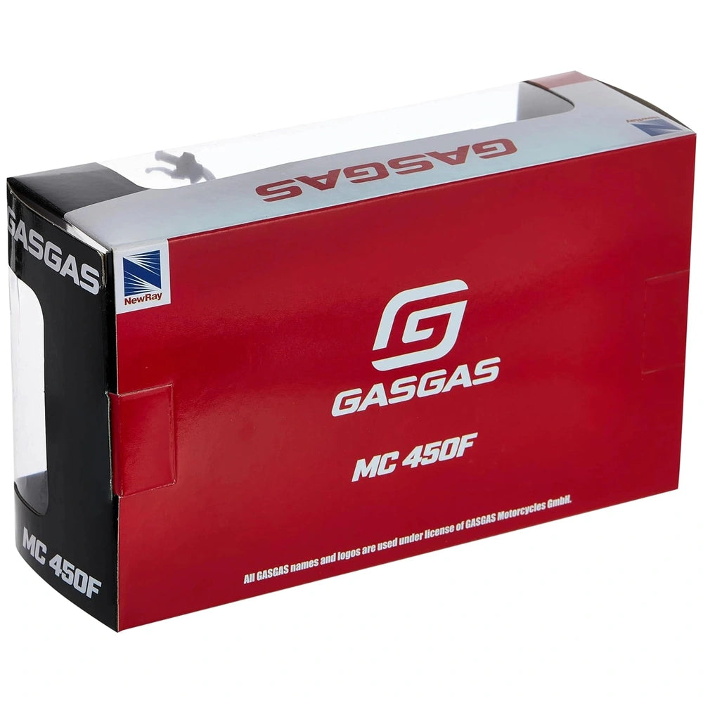 Gasgas MC 450F dirt bike die cast model in red packaging with a white plastic window and handle.