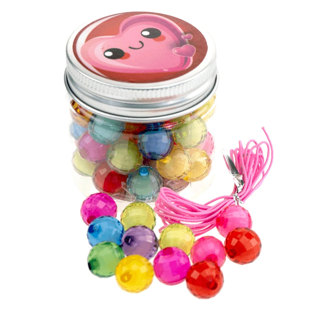 Beads ABC Candy Beads Jar filled with colorful balls in pink, blue, green, yellow, and red with a glossy clear body and matte