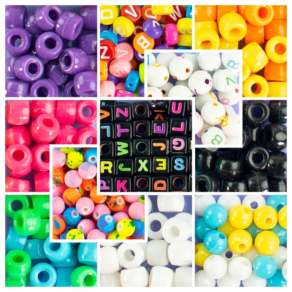 Fluorescent plastic beads set including purple, pink, orange, yellow, green, blue, and white components for arts and crafts.