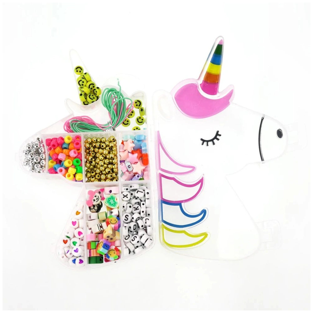 Beads ABC Unicorn Pocket Box Set features colorful unicorn figurines and smiley faces on green string in a clear plastic cont