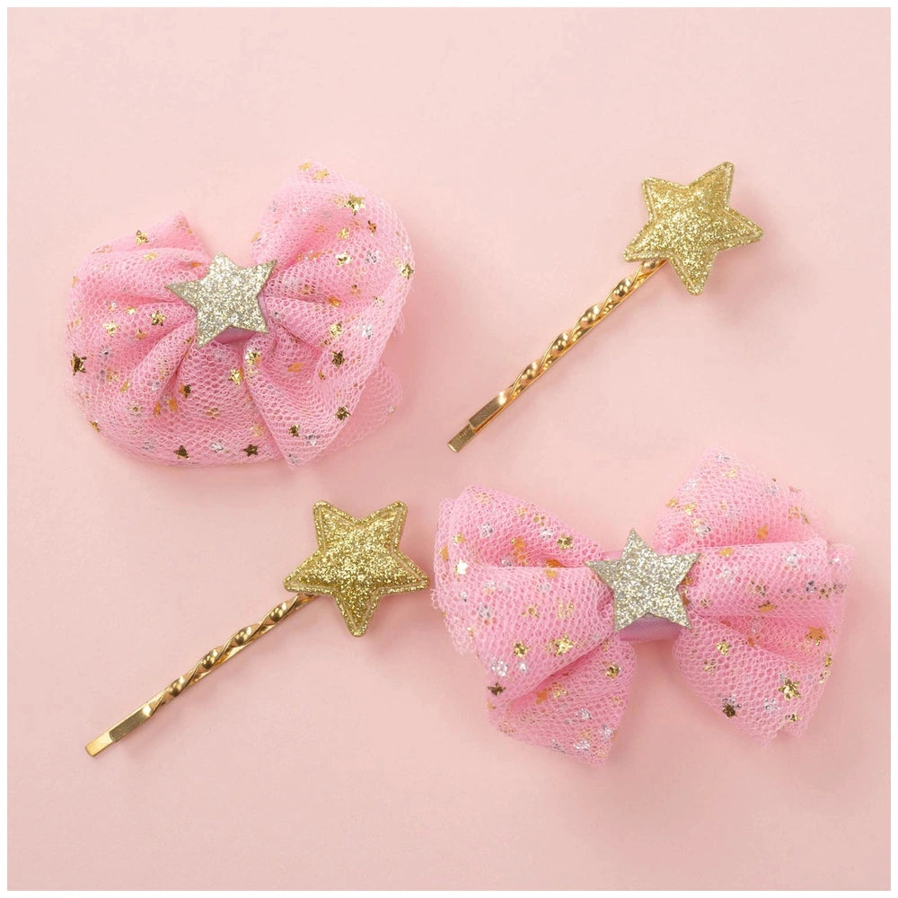 Classy ribbon hair clip set featuring two pink bows, gold metallic wands, and glittery gold stars on a light pink background.
