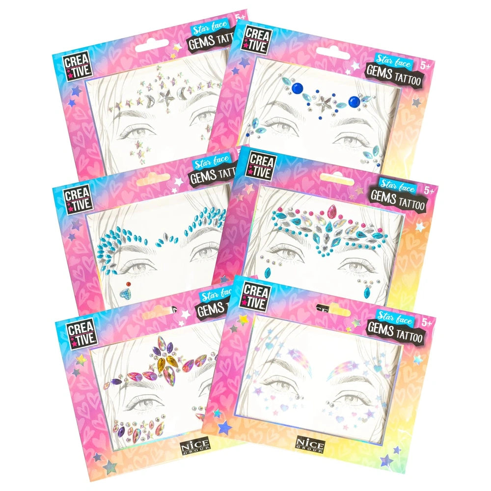 Creative Star Face Gems Pack with pink floral background, featuring multiple Gemsticke tattoo kits and star face designs.
